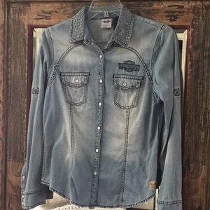 Harley Davidson denim snap shirt.